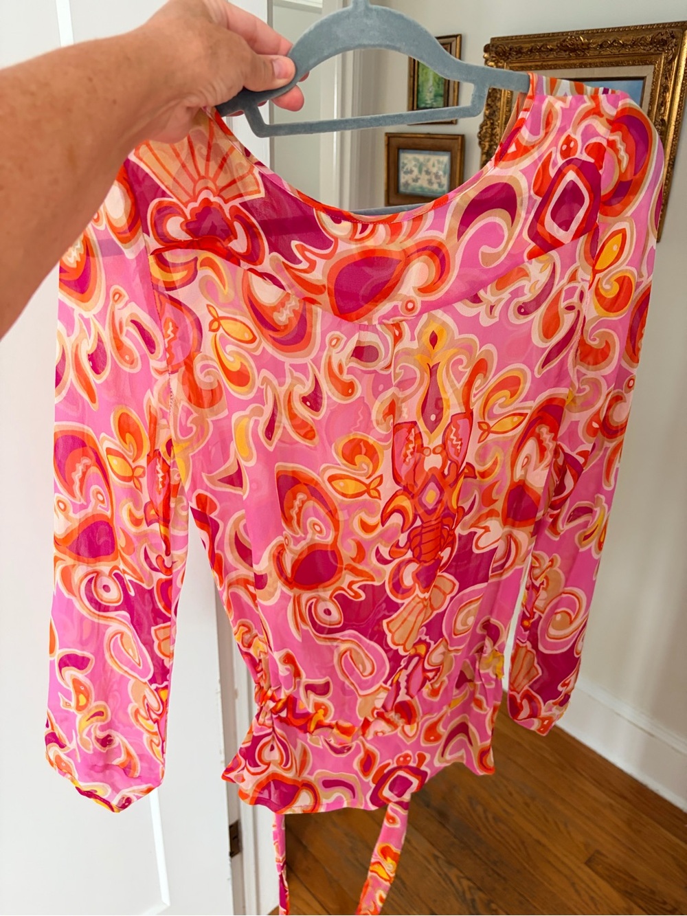Lilly Pulitzer Pink Orange Abstract Tie-Waist Blouse